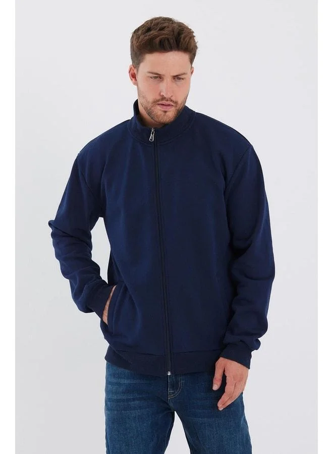 Mmetalic Men's Navy Zip-Front Stand Collar Cardigan with Side Pockets and Cotton Lining.