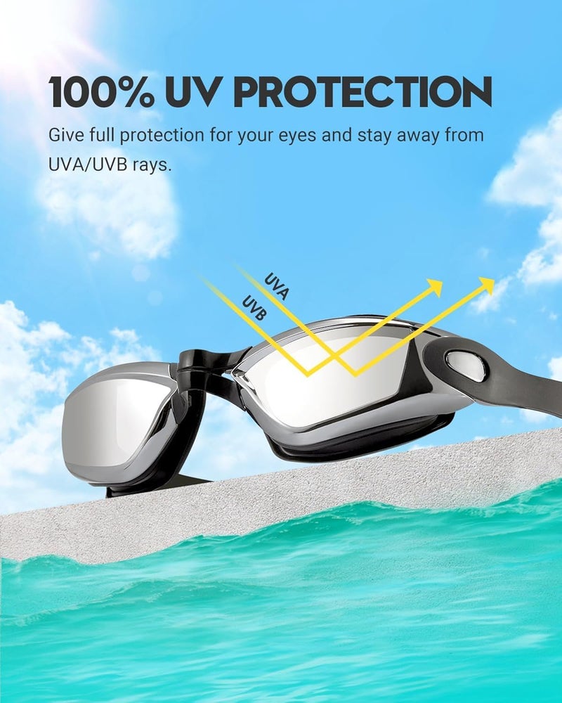 Primalite Swimming Kit- Swim Goggles and Swim Caps Combo Set, Nose Clip, Ear Plug & Case- Silicone Non-Slip Material on Glass & Cap, Anti-Fog, UV Protection, Long Hair- Adults Men Women- Silver-Black - Image 3