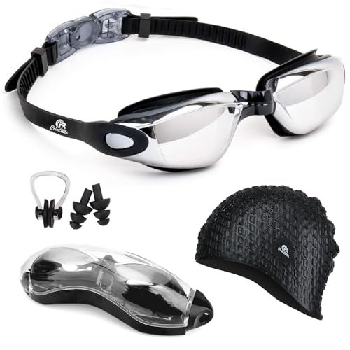 Primalite Swimming Kit- Swim Goggles and Swim Caps Combo Set, Nose Clip, Ear Plug & Case- Silicone Non-Slip Material on Glass & Cap, Anti-Fog, UV Protection, Long Hair- Adults Men Women- Silver-Black - Image 1