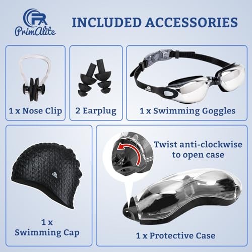 Primalite Swimming Kit- Swim Goggles and Swim Caps Combo Set, Nose Clip, Ear Plug & Case- Silicone Non-Slip Material on Glass & Cap, Anti-Fog, UV Protection, Long Hair- Adults Men Women- Silver-Black - Image 2