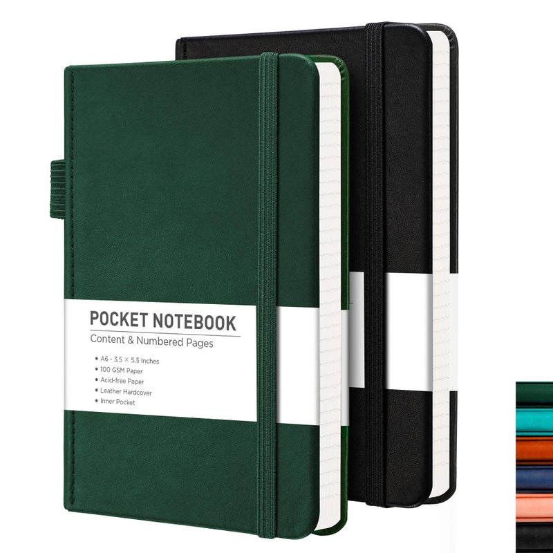 RETTACY Pocket Journal Notebook, 2-Pack, 160 Numbered Lined Pages per Pack, A6 Mini Small Size (3.5" Ã— 5.5"), for Work, Journaling, Leather Hardcover, 100 GSM Thick Paper (Black & Dark Green) - Image 1