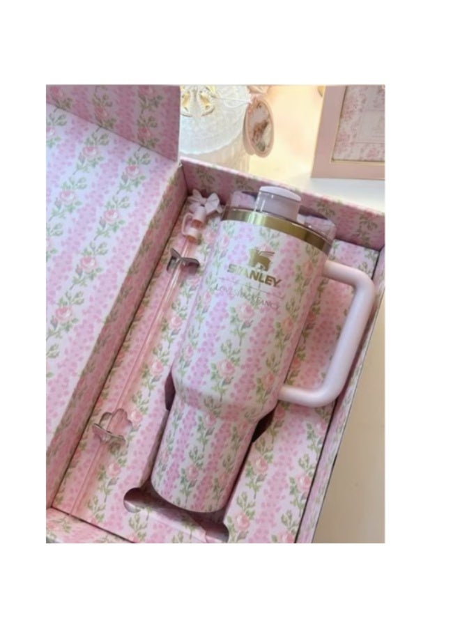 Stanley Stanley Love Shack Fancy H2.0 Flow State 40oz Pink Rose Cortex Tumbler, Stainless Steel Vacuum Insulated Quencher with Lid, Straw, and Stopper, Ideal for Water and Iced Tea, Keeps Drinks Cold, Presented in Elegant Gift-Ready Packaging - Image 2