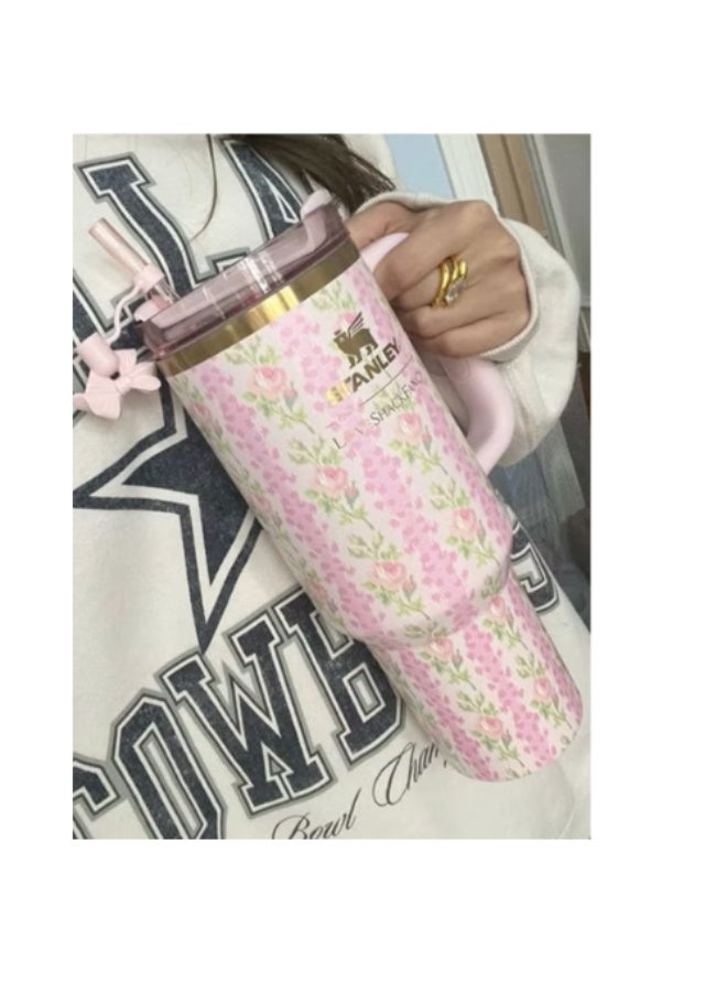 Stanley Stanley Love Shack Fancy H2.0 Flow State 40oz Pink Rose Cortex Tumbler, Stainless Steel Vacuum Insulated Quencher with Lid, Straw, and Stopper, Ideal for Water and Iced Tea, Keeps Drinks Cold, Presented in Elegant Gift-Ready Packaging - Image 1
