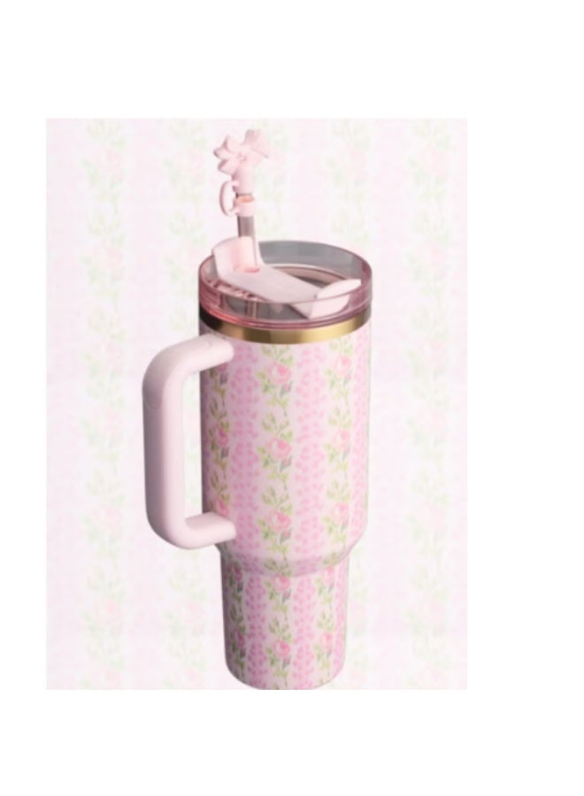 Stanley Stanley Love Shack Fancy H2.0 Flow State 40oz Pink Rose Cortex Tumbler, Stainless Steel Vacuum Insulated Quencher with Lid, Straw, and Stopper, Ideal for Water and Iced Tea, Keeps Drinks Cold, Presented in Elegant Gift-Ready Packaging - Image 5