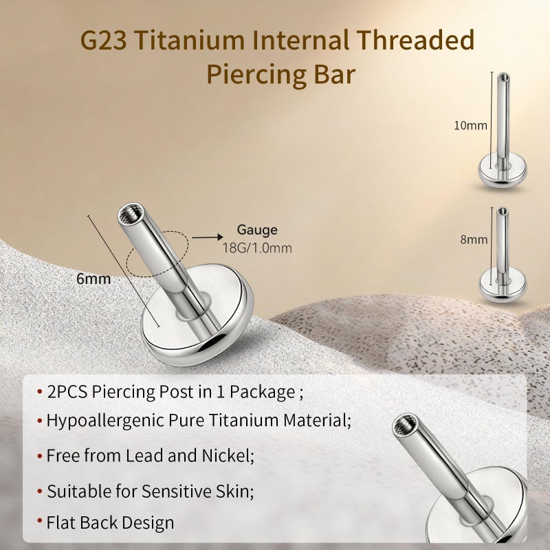 limerencia 16G/18G Hypoallergenic Internal Threaded Titanium Bar Post Replacement,Flat Back Stud Earrings Post Medusa Helix Couch Labret Bar for Women Men Sensitive Ears(A Pair) - Image 3