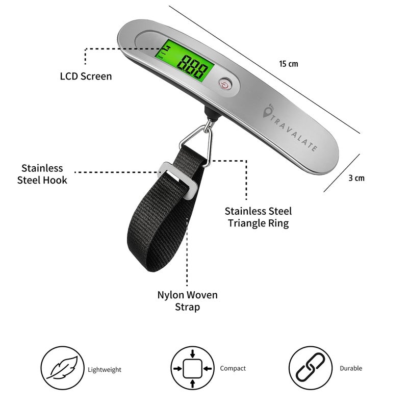 TRAVALATE Digital Luggage Weighing Scale with Backlit LCD Display | Portable and Accurate Travel Weight Scale with One-Touch Measurement & Strong Strap | Up to 50kg Capacity – Silver - Image 3