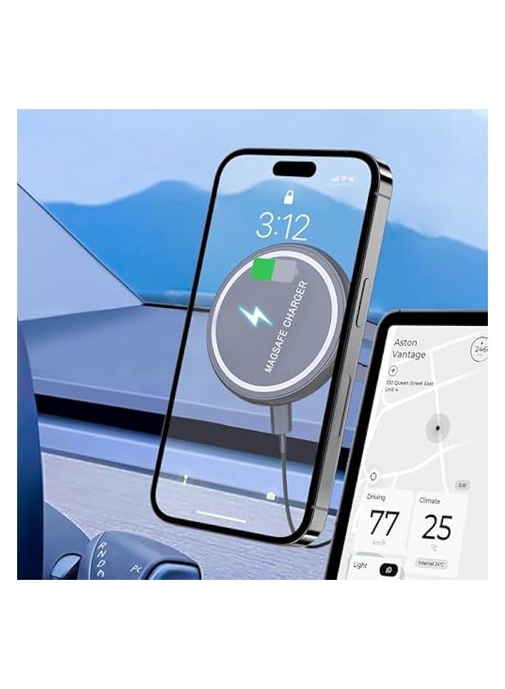 Green Tiger Foldable Magnetic Wireless Car Charger Mount, 15W Fast Charging Magnetic Phone Holder for Tesla Model 3/X/Y/S, Compatible with MagSafe Case and iPhone 12/13/14 Pro Max Mini, 360° Rotation - Image 1