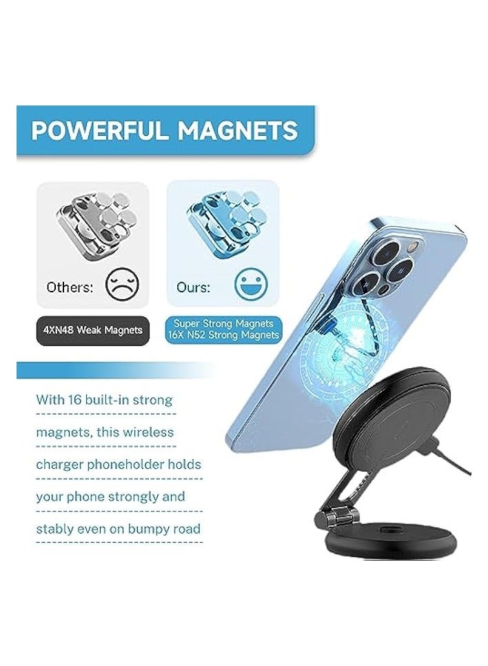 Green Tiger Foldable Magnetic Wireless Car Charger Mount, 15W Fast Charging Magnetic Phone Holder for Tesla Model 3/X/Y/S, Compatible with MagSafe Case and iPhone 12/13/14 Pro Max Mini, 360° Rotation - Image 3