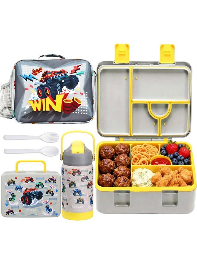 rockpapa 5 Compartment Bento Lunch Box for Kids with Uensils & Insulated Water Bottle & Lunch Bag with Strap, BPA-Free Lunch box Containers Set for School Boys Girls Ages 3+ (Grey Trucks) - Image 1