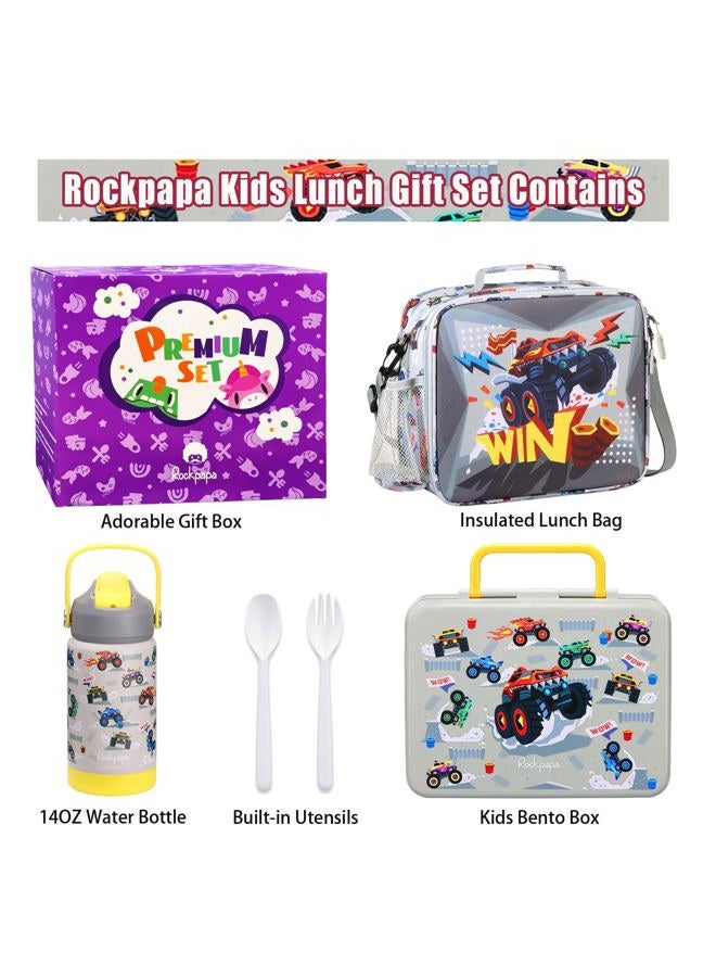 rockpapa 5 Compartment Bento Lunch Box for Kids with Uensils & Insulated Water Bottle & Lunch Bag with Strap, BPA-Free Lunch box Containers Set for School Boys Girls Ages 3+ (Grey Trucks) - Image 2