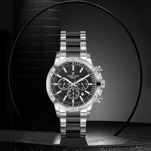 Daniel Klein Analog Black Round Dial Silver Case Two Tone Silver Black Metal Strap Chronograph Water-Resistant Wrist Watch for Men Boys DK.1.14095-4 - Image 2