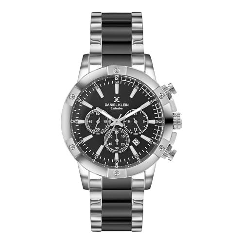 Daniel Klein Analog Black Round Dial Silver Case Two Tone Silver Black Metal Strap Chronograph Water-Resistant Wrist Watch for Men Boys DK.1.14095-4 - Image 1