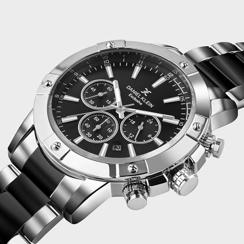 Daniel Klein Analog Black Round Dial Silver Case Two Tone Silver Black Metal Strap Chronograph Water-Resistant Wrist Watch for Men Boys DK.1.14095-4 - Image 3