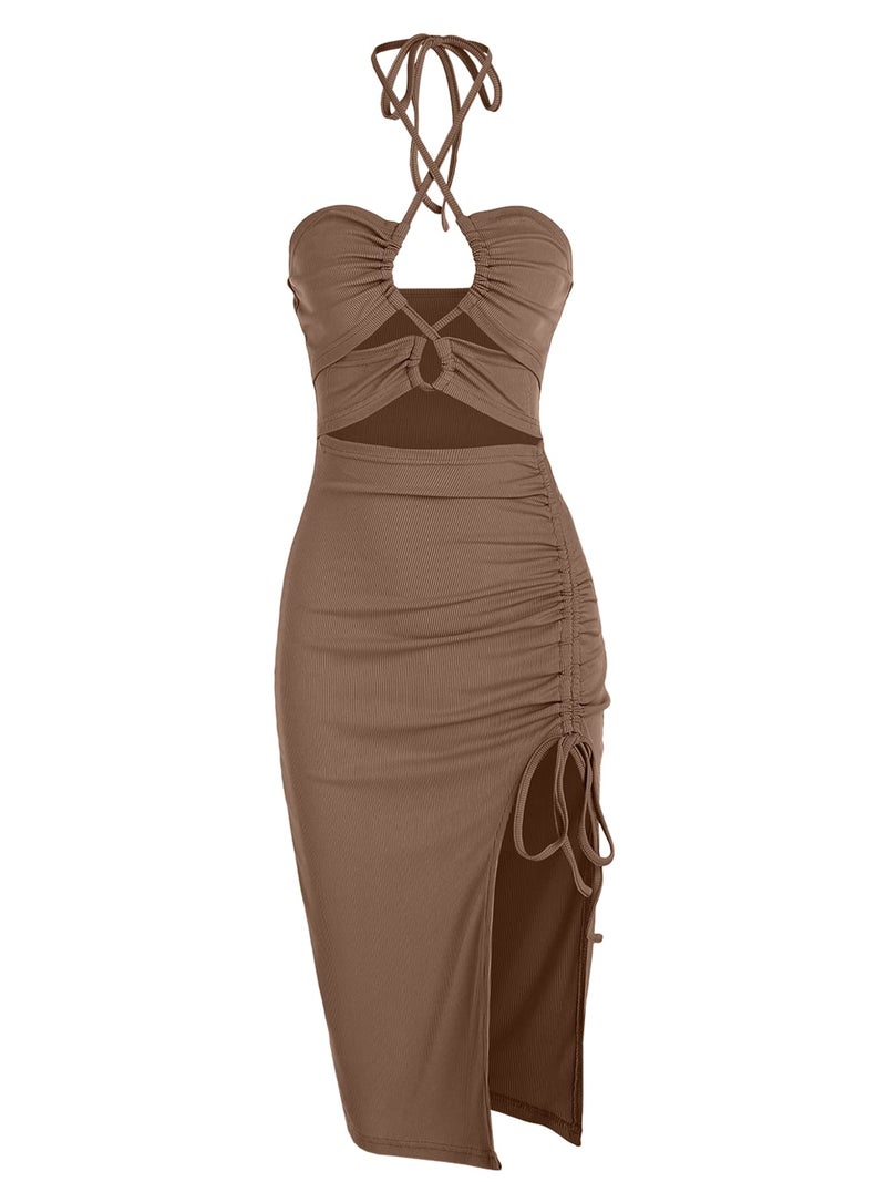 ZAFUL Sexy Dresses for Women Summer Cut Out Halter Bodycon Criss Cross Dress Beach Club Vacation Clothes(X-Large,Coffee) - Image 1