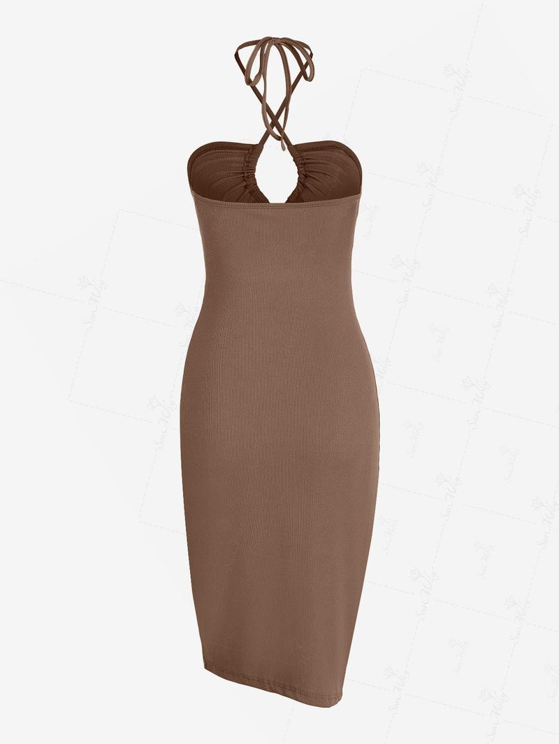 ZAFUL Sexy Dresses for Women Summer Cut Out Halter Bodycon Criss Cross Dress Beach Club Vacation Clothes(X-Large,Coffee) - Image 5