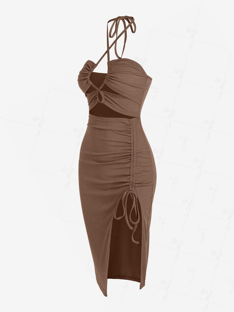 ZAFUL Sexy Dresses for Women Summer Cut Out Halter Bodycon Criss Cross Dress Beach Club Vacation Clothes(X-Large,Coffee) - Image 4