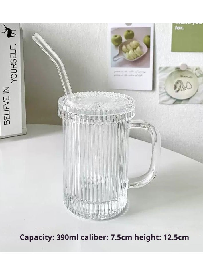 كوب زجاجي مخطط، كوب قهوة مع غطاء وقشة زجاجية، أكواب مياه تستخدم لحمل القهوة المثلجة والعصائر والمشروبات والشاي والماء والمشروبات الباردة (390 مل) - Image 2