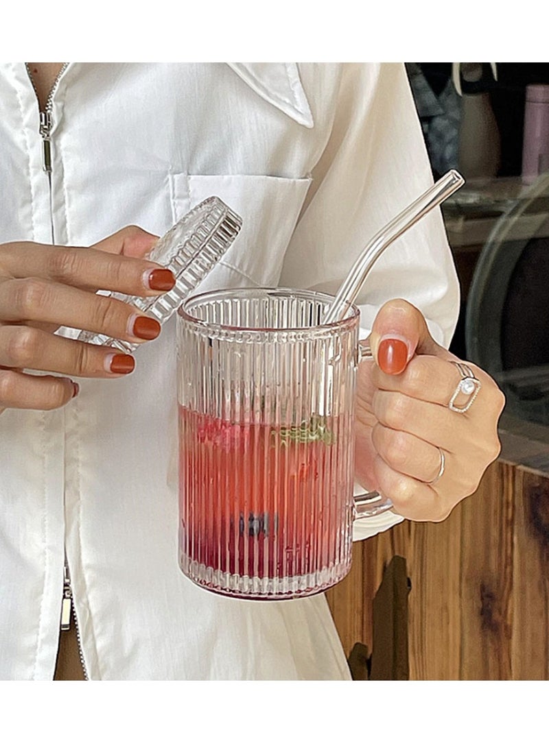 كوب زجاجي مخطط، كوب قهوة مع غطاء وقشة زجاجية، أكواب مياه تستخدم لحمل القهوة المثلجة والعصائر والمشروبات والشاي والماء والمشروبات الباردة (390 مل) - Image 3