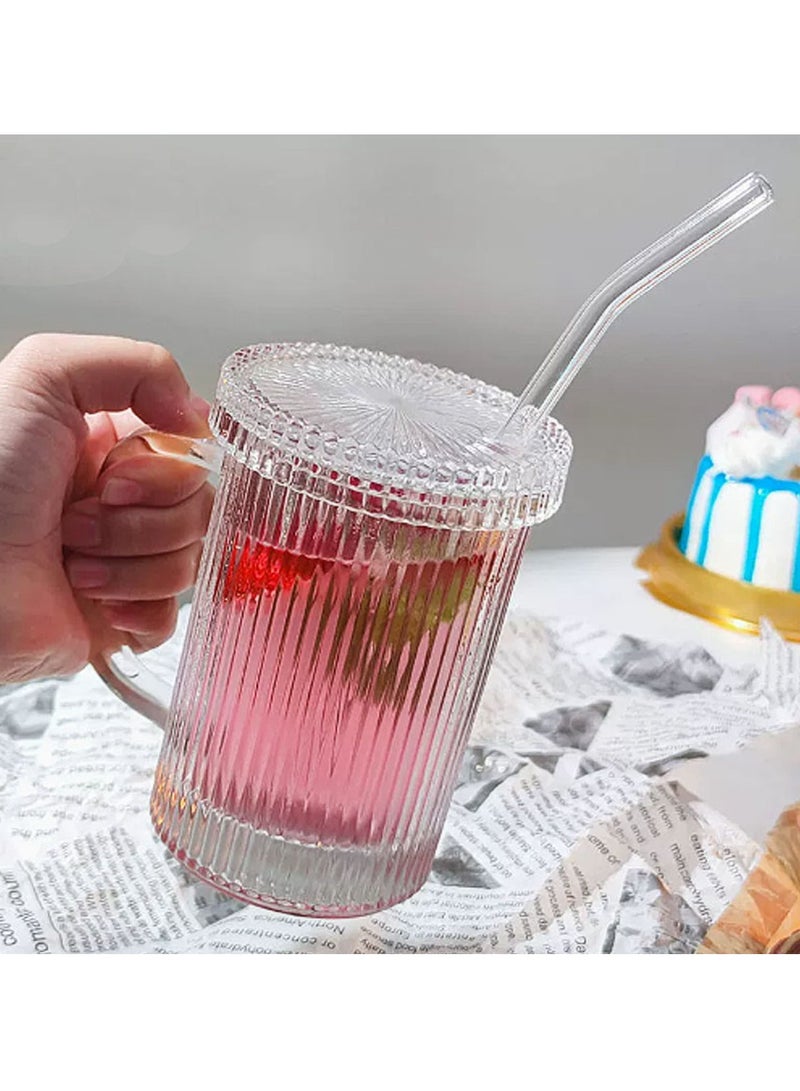 كوب زجاجي مخطط، كوب قهوة مع غطاء وقشة زجاجية، أكواب مياه تستخدم لحمل القهوة المثلجة والعصائر والمشروبات والشاي والماء والمشروبات الباردة (390 مل) - Image 4