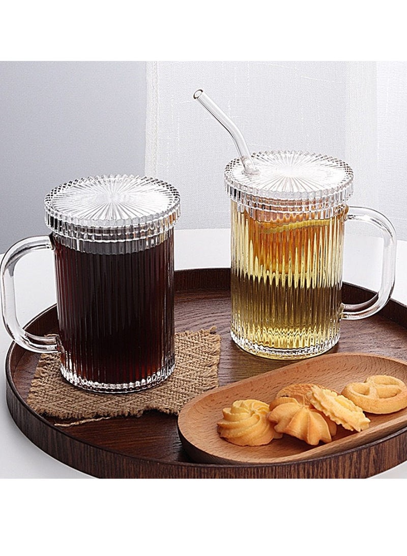 كوب زجاجي مخطط، كوب قهوة مع غطاء وقشة زجاجية، أكواب مياه تستخدم لحمل القهوة المثلجة والعصائر والمشروبات والشاي والماء والمشروبات الباردة (390 مل) - Image 5