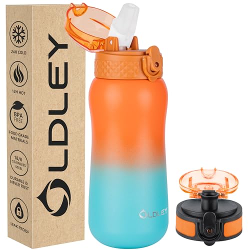 OLDLEY Insulated Kids Water Bottle 12oz Stainless Steel Double Wall LeakProof School Travel Ombre OrangeGreen