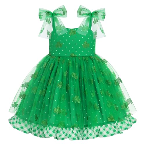 IMEKIS First St Patricks Day Baby Girl Outfit 1st Birthday Shamrock Dress White and Green Plaid Cake Smash Irish Leprechaun Photoshoot Toddler Tulle Gown for Kids Green 4 Leaf Clover 612 Months - Image 1