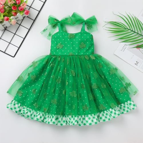 IMEKIS First St Patricks Day Baby Girl Outfit 1st Birthday Shamrock Dress White and Green Plaid Cake Smash Irish Leprechaun Photoshoot Toddler Tulle Gown for Kids Green 4 Leaf Clover 612 Months - Image 3