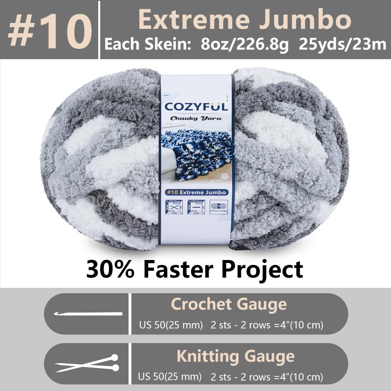 Cozyful خيوط صوفية مريحة للتريكو اليدوي - خيوط بطانية شنيلي سميكة #10، خيوط سميكة كبيرة للتCrocheting، خيوط صوفية سميكة ملونة، 8 كرات (25 ياردة 8 أونصات لكل كرة)، متعدد الرمادي والأبيض - Image 2