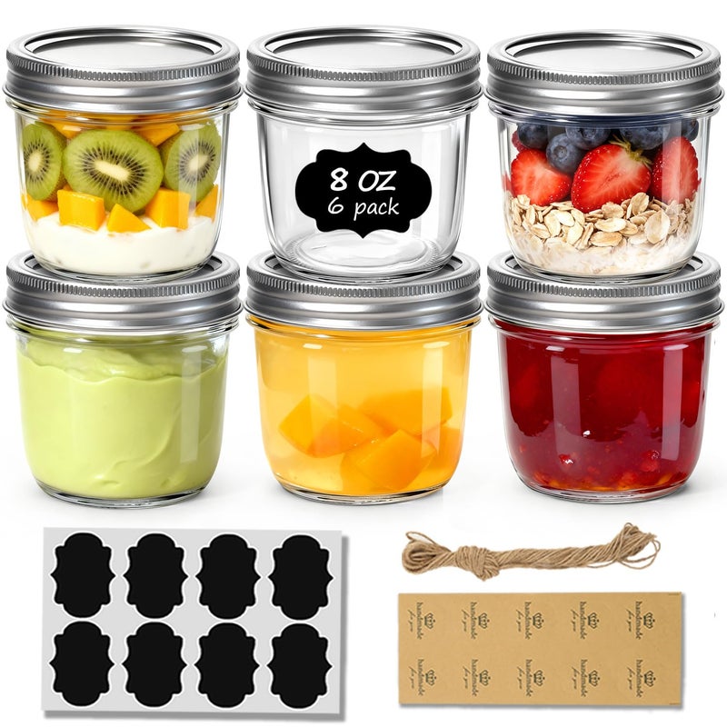 ComSaf Wide Mouth Mason Jars with Lids 8 oz 6Pcs, Half Pint Small Mason Containers, Canning Jars for Jam, Jelly, Meal Prep, Overnight Oats, Yogurt Parfait, Shower Wedding Favors, DIY Candles Decor - Image 1