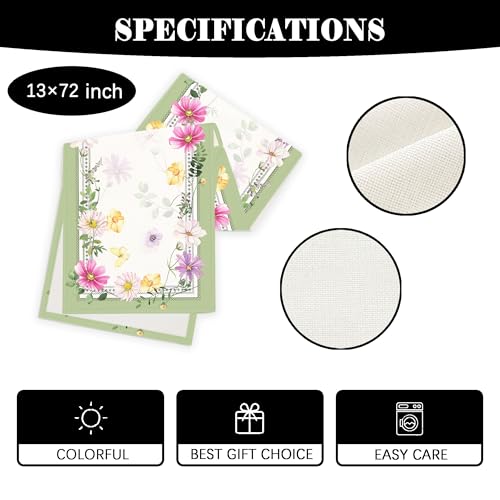 Yarcooly Farmhouse Spring Table Runner Flower Floral Table Cover Pastel Green Leaf Decor Summer Spring Decorations for Home Party Simple Life - Image 2