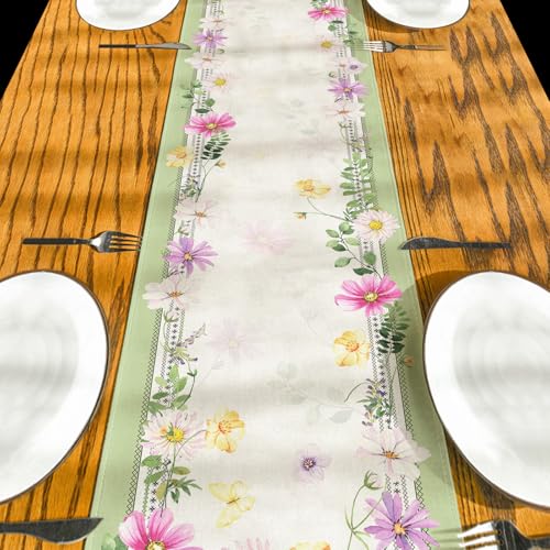 Yarcooly Farmhouse Spring Table Runner Flower Floral Table Cover Pastel Green Leaf Decor Summer Spring Decorations for Home Party Simple Life - Image 3
