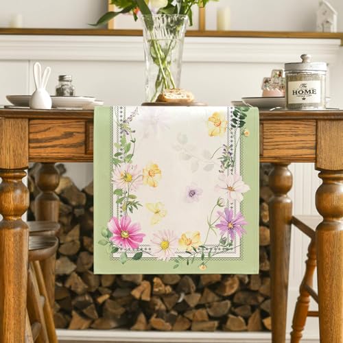 Yarcooly Farmhouse Spring Table Runner Flower Floral Table Cover Pastel Green Leaf Decor Summer Spring Decorations for Home Party Simple Life - Image 4