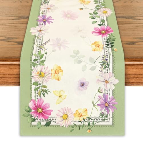 Yarcooly Farmhouse Spring Table Runner Flower Floral Table Cover Pastel Green Leaf Decor Summer Spring Decorations for Home Party Simple Life - Image 1