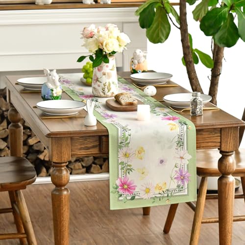 Yarcooly Farmhouse Spring Table Runner Flower Floral Table Cover Pastel Green Leaf Decor Summer Spring Decorations for Home Party Simple Life - Image 5