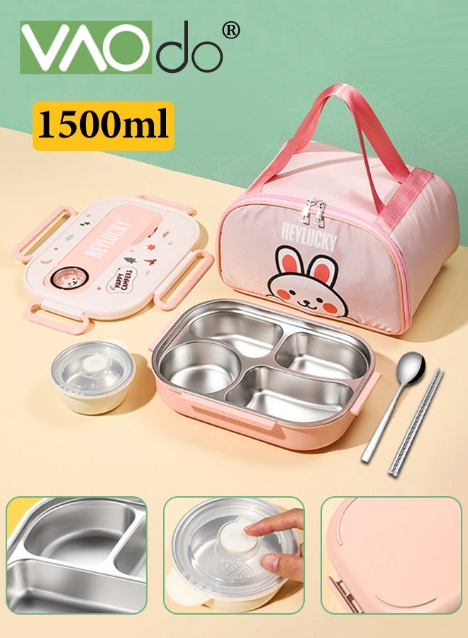 VAOdo 1500ML Lunch Box with Thermal Bag, 316 Stainless Steel, 4 Compartments Bento Box with Soup Bowl and Cutlery Set, Leak Proof, Food Storage Container with Lid, Microwave Dishwasher Freezer Safe - Image 1