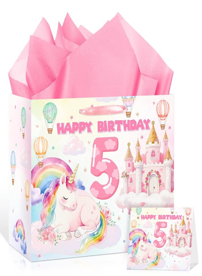 LUUFILx 5th Birthday Party Gift Bag for Girls Pink Rainbow Horse Wrapping Paper with Tissue Paper Greeting Card Colorful Birthday Gift Bag 5 Number Sign Bag Pink Castle Theme Baby Shower Decor Supplies - Image 1