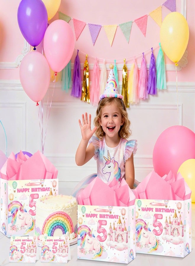 LUUFILx 5th Birthday Party Gift Bag for Girls Pink Rainbow Horse Wrapping Paper with Tissue Paper Greeting Card Colorful Birthday Gift Bag 5 Number Sign Bag Pink Castle Theme Baby Shower Decor Supplies - Image 3