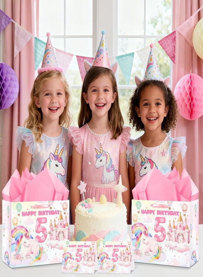 LUUFILx 5th Birthday Party Gift Bag for Girls Pink Rainbow Horse Wrapping Paper with Tissue Paper Greeting Card Colorful Birthday Gift Bag 5 Number Sign Bag Pink Castle Theme Baby Shower Decor Supplies - Image 2