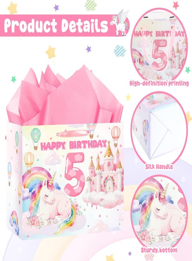 LUUFILx 5th Birthday Party Gift Bag for Girls Pink Rainbow Horse Wrapping Paper with Tissue Paper Greeting Card Colorful Birthday Gift Bag 5 Number Sign Bag Pink Castle Theme Baby Shower Decor Supplies - Image 5