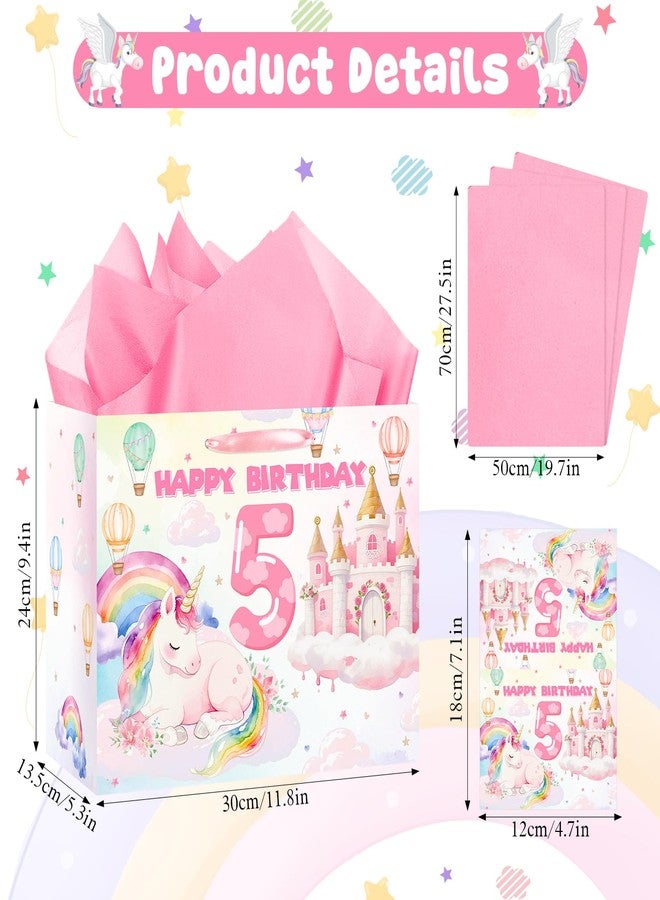 LUUFILx 5th Birthday Party Gift Bag for Girls Pink Rainbow Horse Wrapping Paper with Tissue Paper Greeting Card Colorful Birthday Gift Bag 5 Number Sign Bag Pink Castle Theme Baby Shower Decor Supplies - Image 4