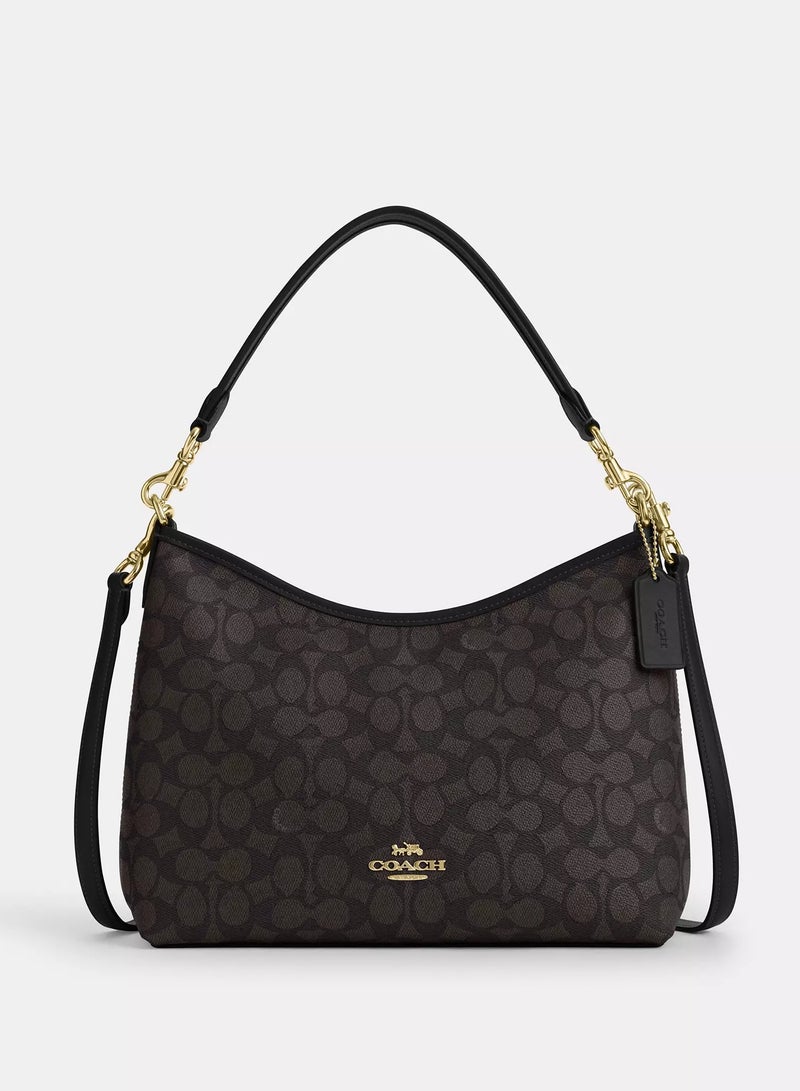 كوتش اوت ليت حقيبة كتف كوتش لوريل من قماش سيجنيتشر، حقيبة كروس بودي نسائية، حقيبة يد نسائية، حقيبة كتف نسائية، حقيبة سفر نسائية، لون الجوز الأسود - 31 سم - Image 1