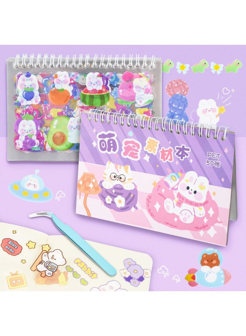 SYOSI Kawaii Animal Sticker Book, Cute Cartoon Bear & Bunny PET Transparent Decals with Curved Tweezer, Waterproof Vinyl Stickers for Journaling, Scrapbooking, Bullet Planners, DIY Crafts (50-Sheet) - Image 1