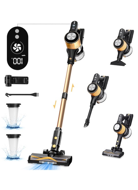 A40 Cordless Vacuum Cleaner, 25Kpa Powerful Suction Stick Vacuum, 45Mins Runtime Detachable Battery, 3 Power Modes & LED Display, Ideal for Home, Car, Hard Floor, Carpet, Pet Hair, Gold