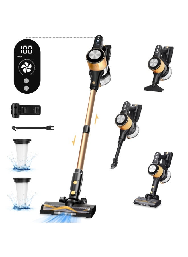 A40 Cordless Vacuum Cleaner, 25Kpa Powerful Suction Stick Vacuum, 45Mins Runtime Detachable Battery, 3 Power Modes & LED Display, Ideal for Home, Car, Hard Floor, Carpet, Pet Hair, Gold