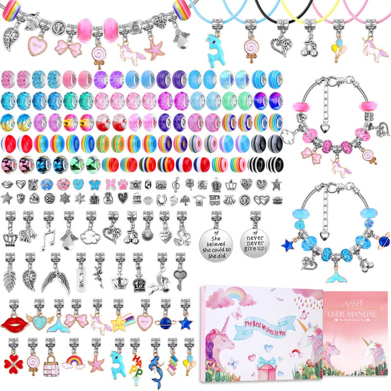 180 Pcs Charm Bracelet Making Kit for Girls Unicorn Mermaid Crafts Gifts Set Charm Bracelets Kit DIY Arts Crafts Making Supplies with Beads Pendant Bracelets Necklace Cords Gift for Teens Girls