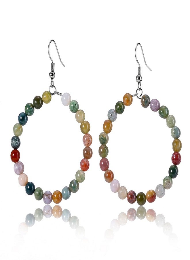 Jovivi Crystal Dangle Earrings for Women Natural Indian Agate Round Gemstone Healing Crystal Stone Beads Earrings Hoop Dangle - Image 1