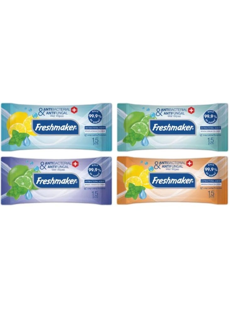 Freshmaker Antibacterial And Antifungal Wet Wipes Pocket Pack 15 Wipes 4 Pack 