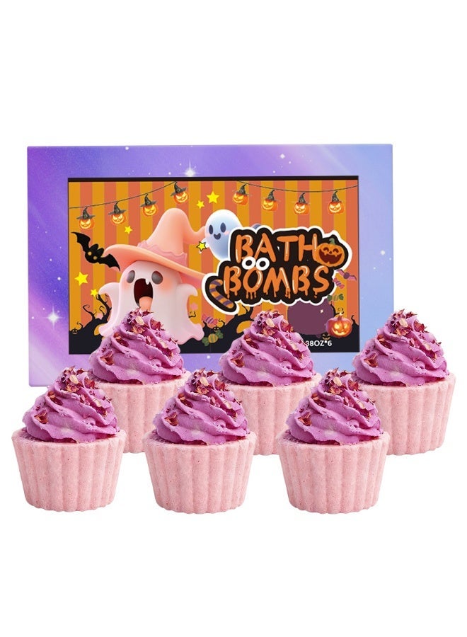 Bath Bombs Halloween Cupcake  Set, 6Pcs Purple Rose Essential Oil Fizzy Bubble , Moisturizing u0026 Cleansing Spa Gift for Kids u0026 Adults - Image 1