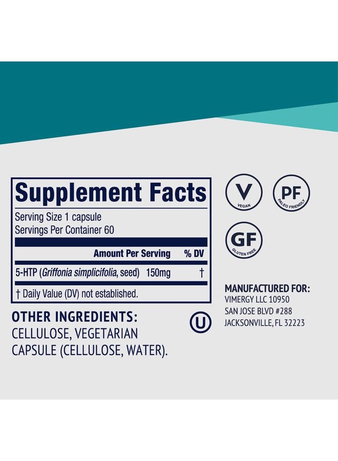 Vimergy 5-HTP Capsules, 60 Servings – Healthy Mood & Stress Support Supplement – Promotes Healthy Levels of Serotonin for Stress Management, Vegan, Non-GMO, Gluten-Free, Grain-Free, & Paleo - Image 4