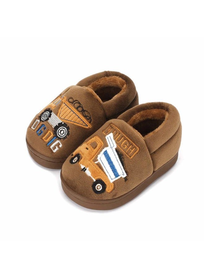 Estamico Boys Girls Warm Slippers Cartoon Truck Kids Winter Indoor Household Shoes, Brown 13.5-14 Little Kid - Image 1